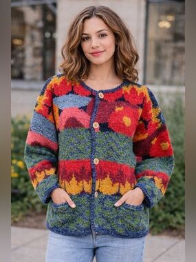 Vintage JK America  Artistic Red and Green Cardigan Sweater